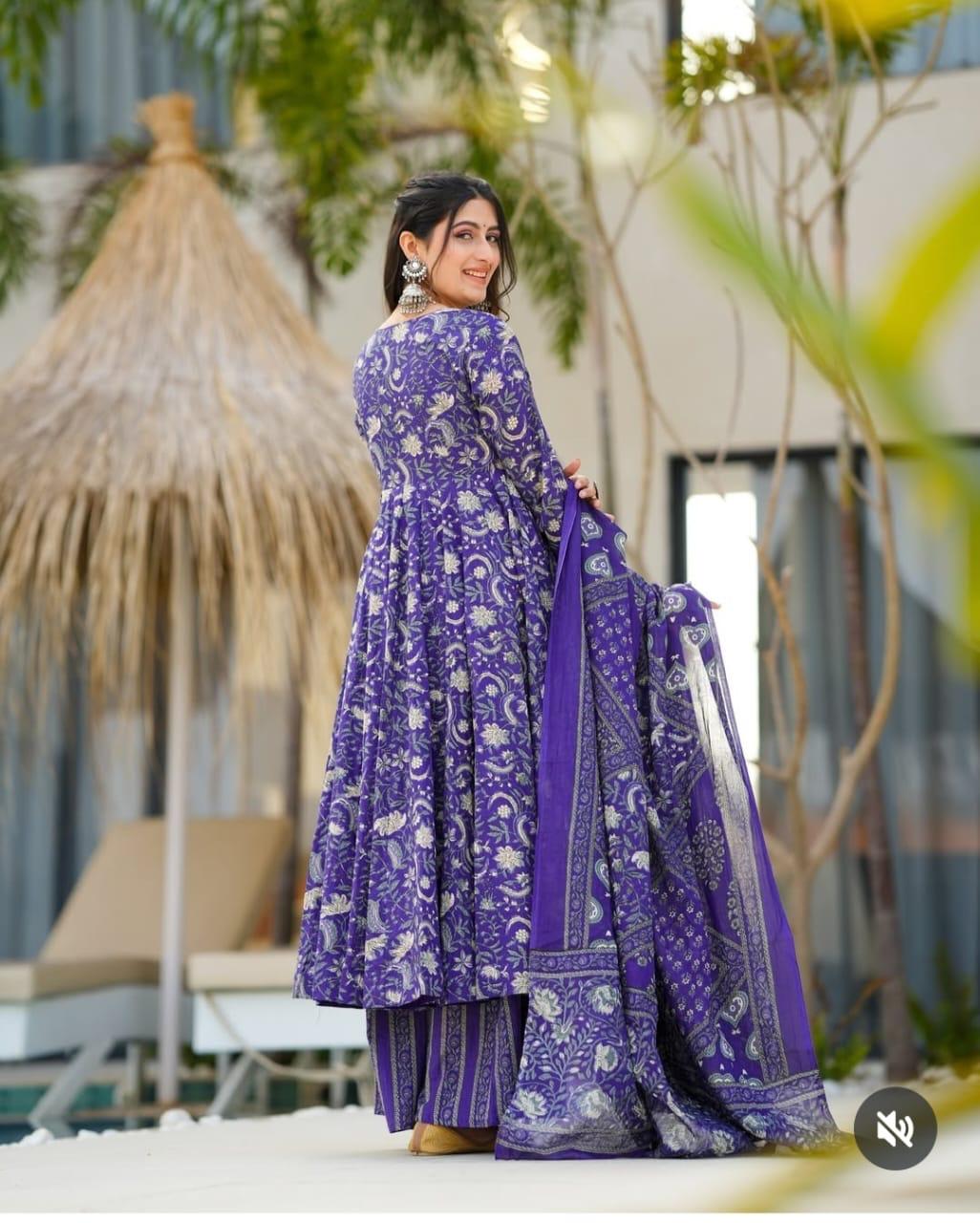 Angrakha Style Anarkali Kurta Set with Embroidery and Cotton Dupatta