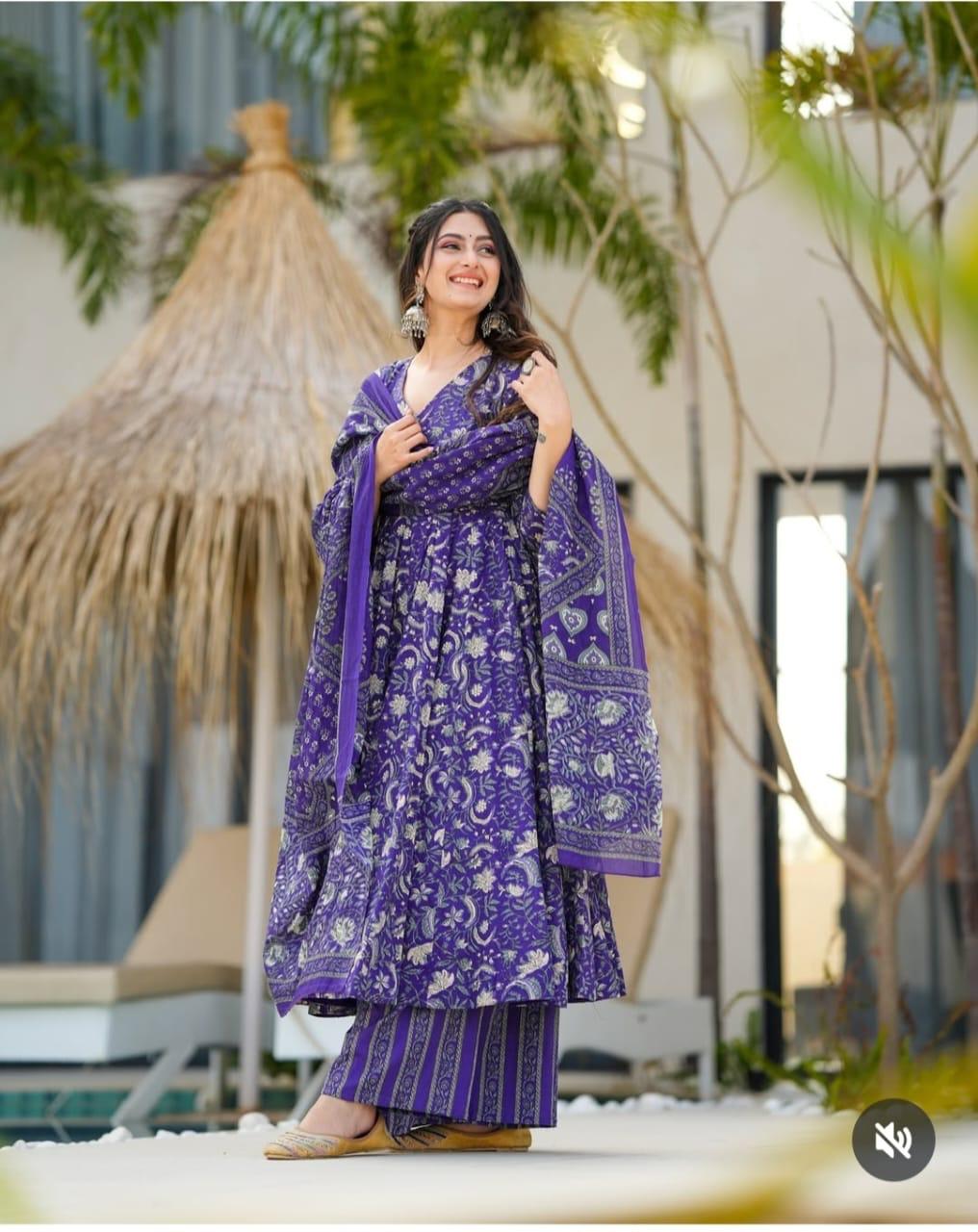 Angrakha Style Anarkali Kurta Set with Embroidery and Cotton Dupatta