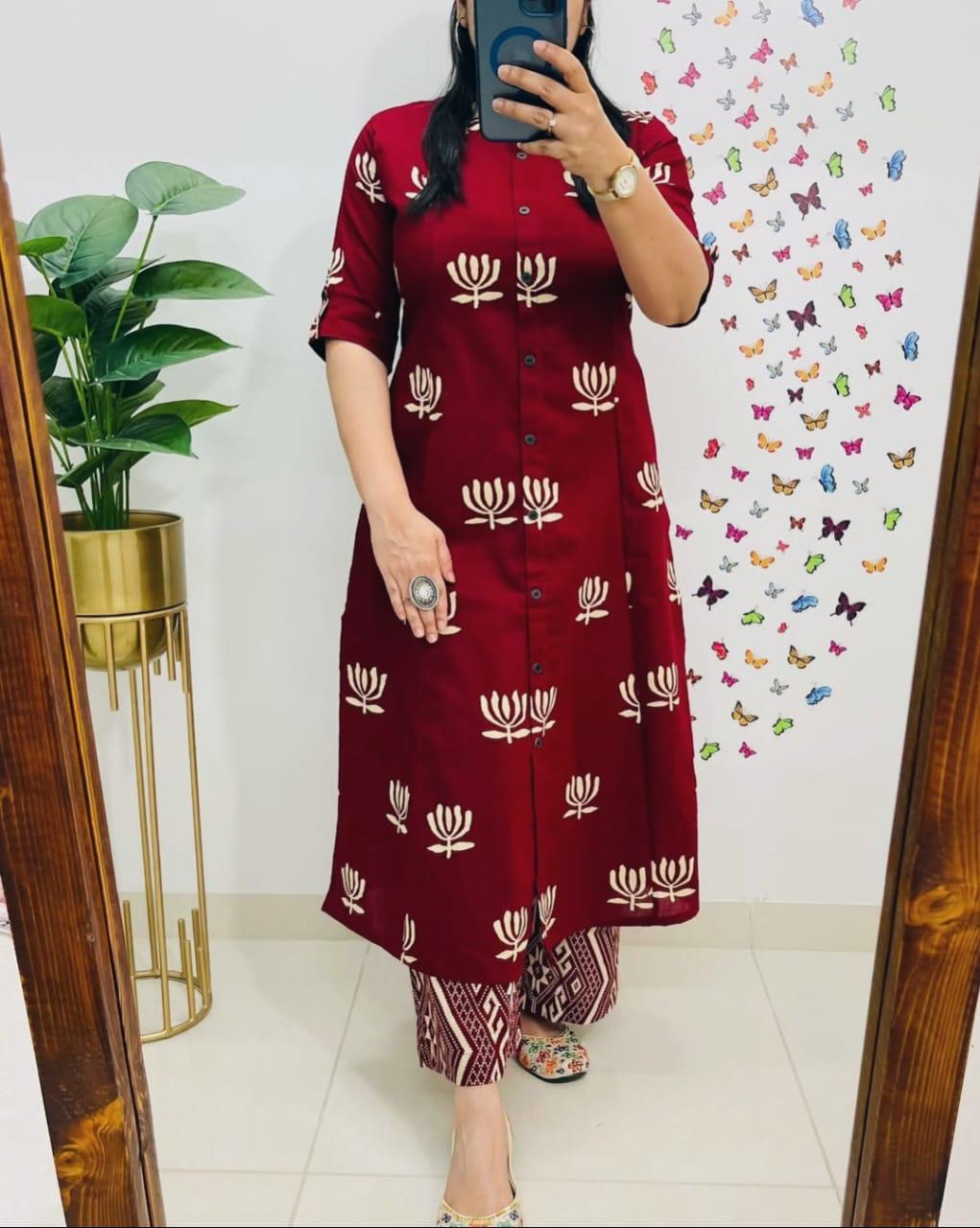 Discharge Print A-Line Co-ord Set in Premium Cotton with Side Pocket