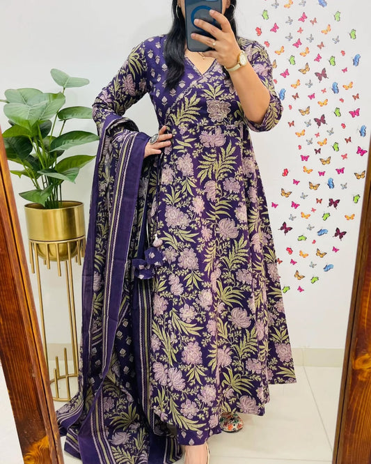Angrakha Style Anarkali Kurta Set with Embroidery and Cotton Dupatta
