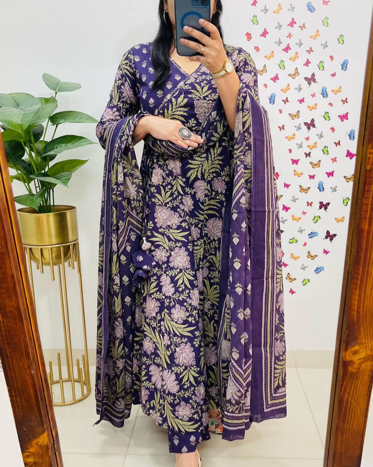 Angrakha Style Anarkali Kurta Set with Embroidery and Cotton Dupatta