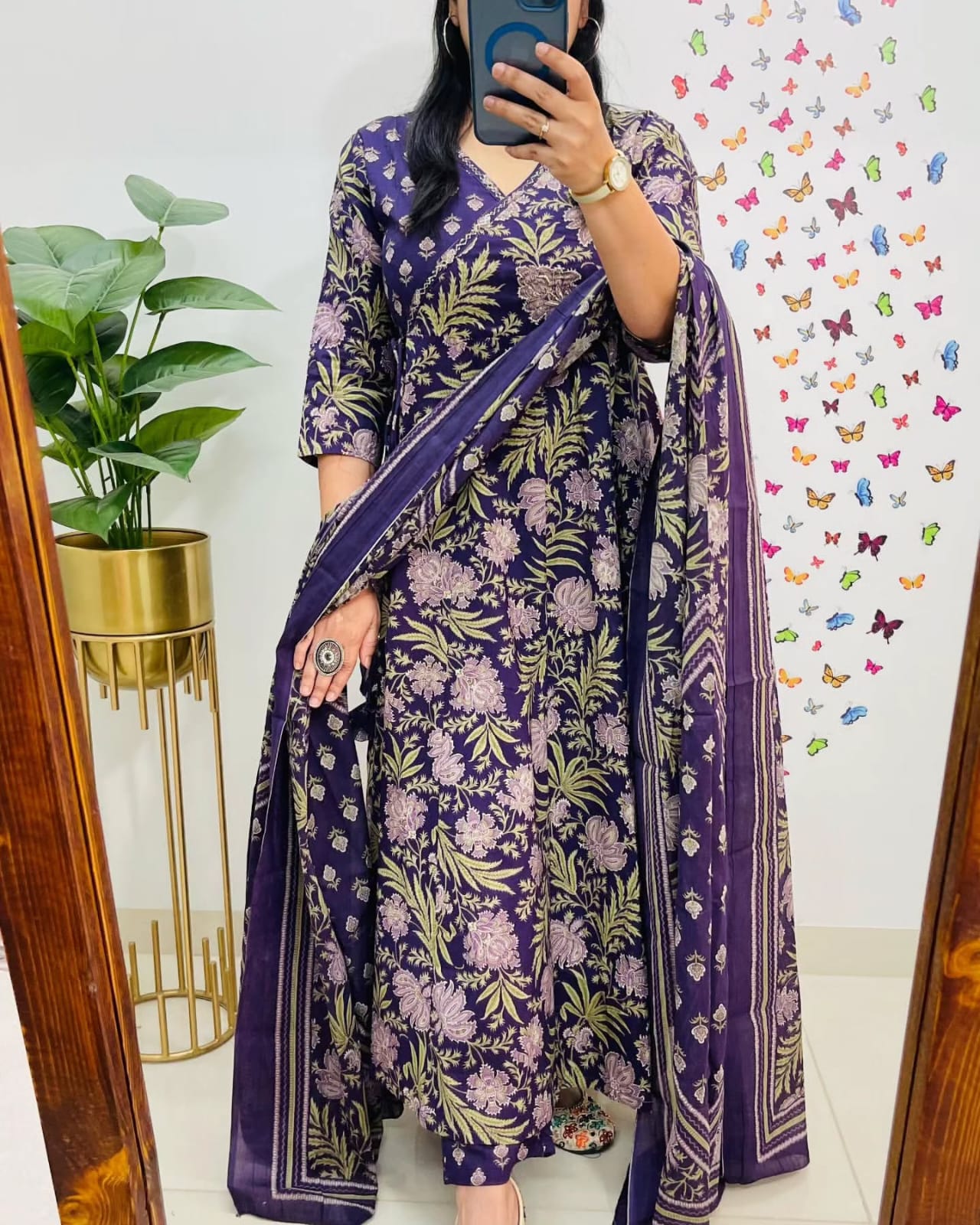 Angrakha Style Anarkali Kurta Set with Embroidery and Cotton Dupatta