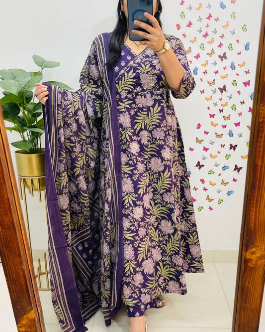 Angrakha Style Anarkali Kurta Set with Embroidery and Cotton Dupatta