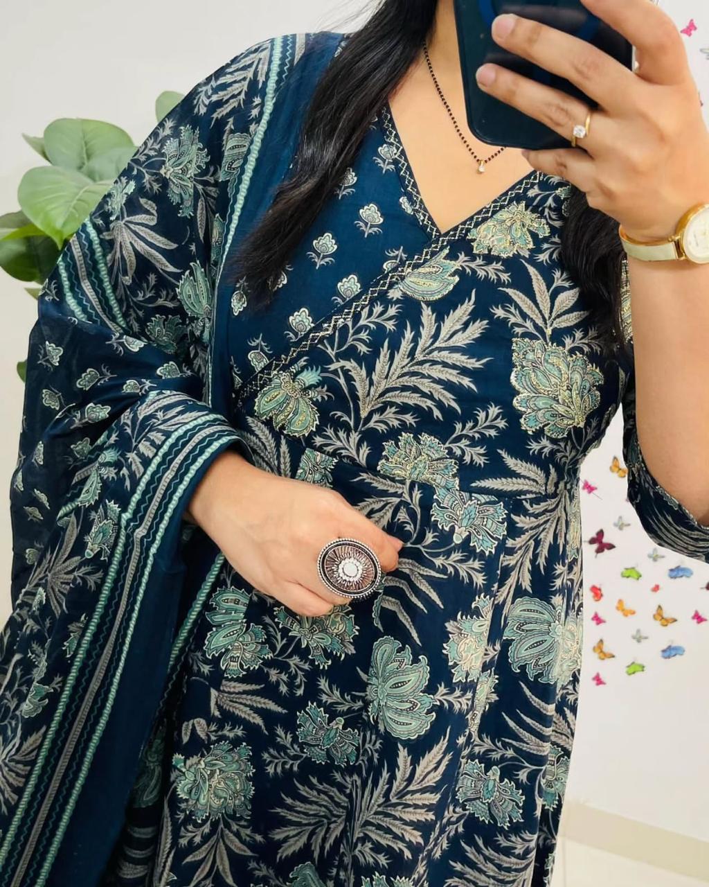 Angrakha Style Anarkali Kurta Set with Embroidery and Cotton Dupatta