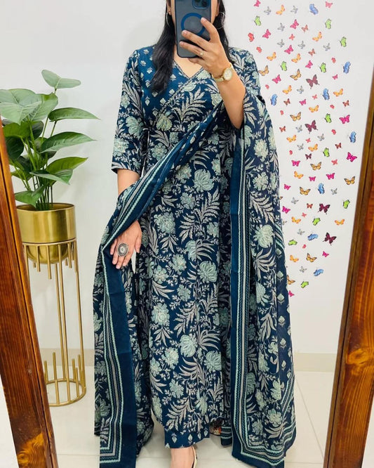 Angrakha Style Anarkali Kurta Set with Embroidery and Cotton Dupatta