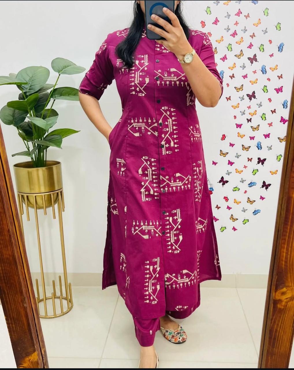 Discharge Print A-Line Cotton Co-ord Set with Pocket Kurti