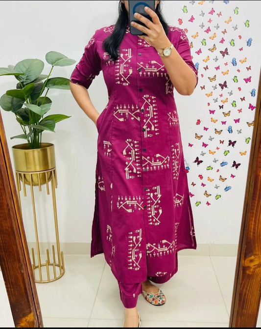 Discharge Print A-Line Cotton Co-ord Set with Pocket Kurti