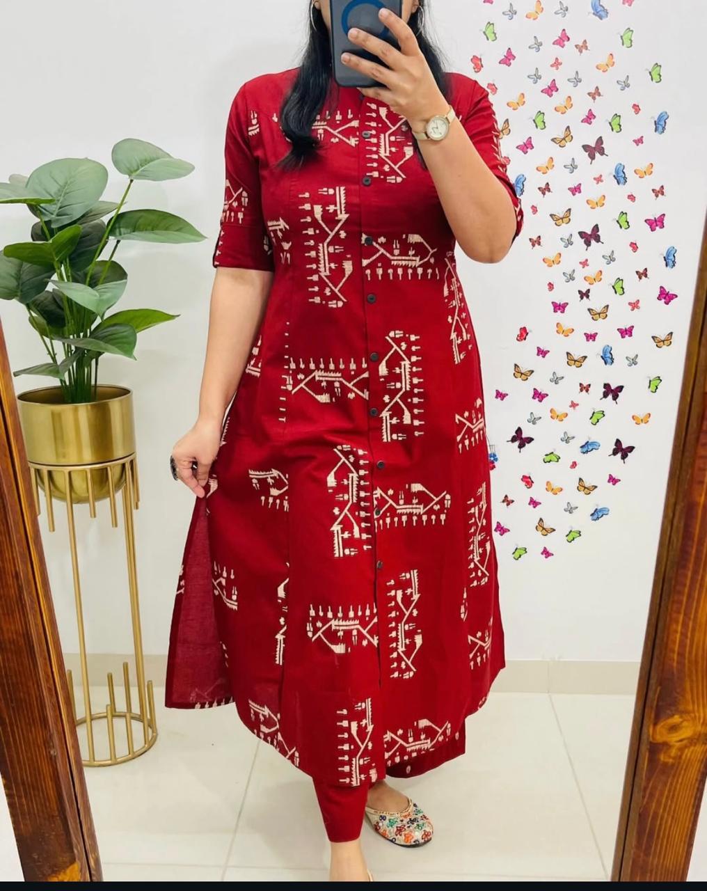 Discharge Print A-Line Cotton Co-ord Set with Pocket Kurti