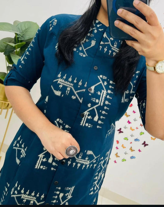 Discharge Print A-Line Cotton Co-ord Set with Pocket Kurti