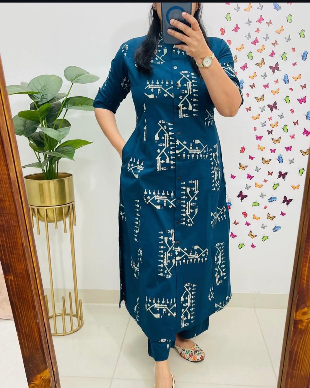 Discharge Print A-Line Cotton Co-ord Set with Pocket Kurti