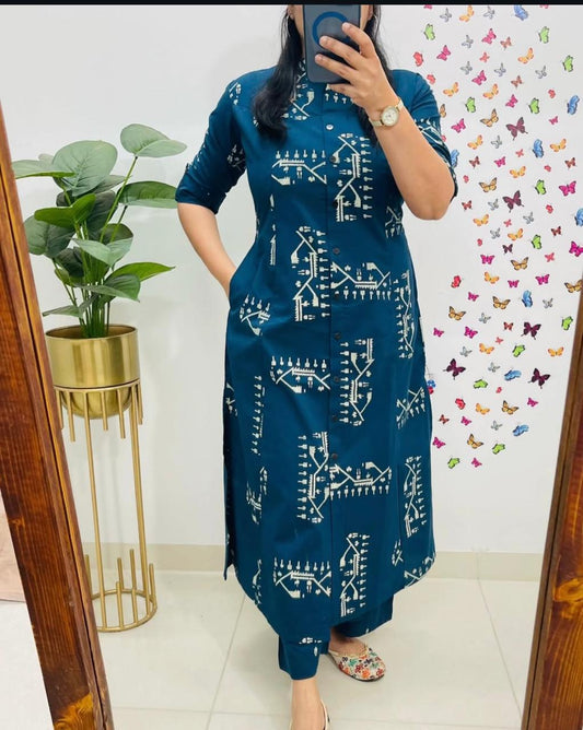 Discharge Print A-Line Cotton Co-ord Set with Pocket Kurti