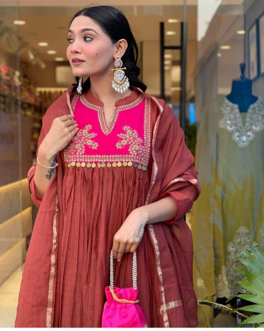 Elegant Chanderi Suit Set with Embroidered Kurti, Cotton Pant & Dupatta