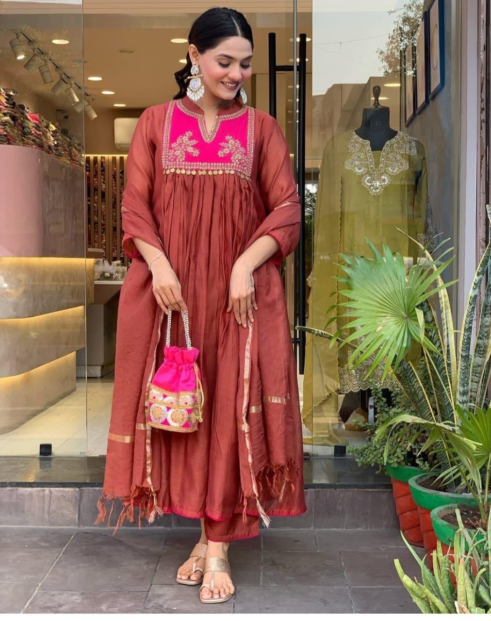 Elegant Chanderi Suit Set with Embroidered Kurti, Cotton Pant & Dupatta