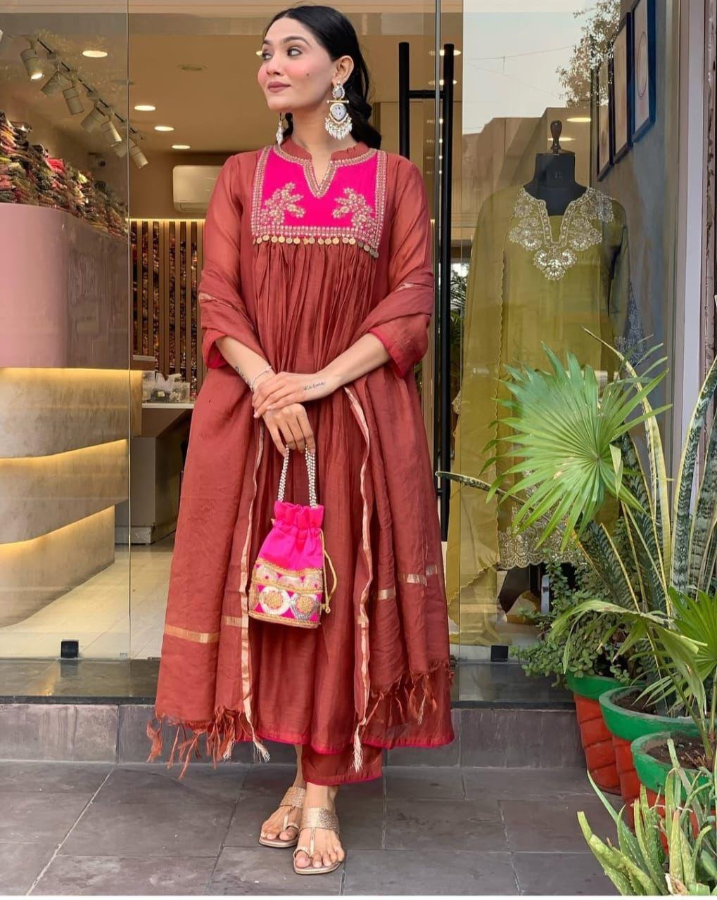 Elegant Chanderi Suit Set with Embroidered Kurti, Cotton Pant & Dupatta