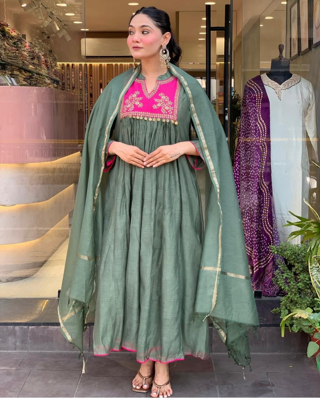 Elegant Chanderi Suit Set with Embroidered Kurti, Cotton Pant & Dupatta