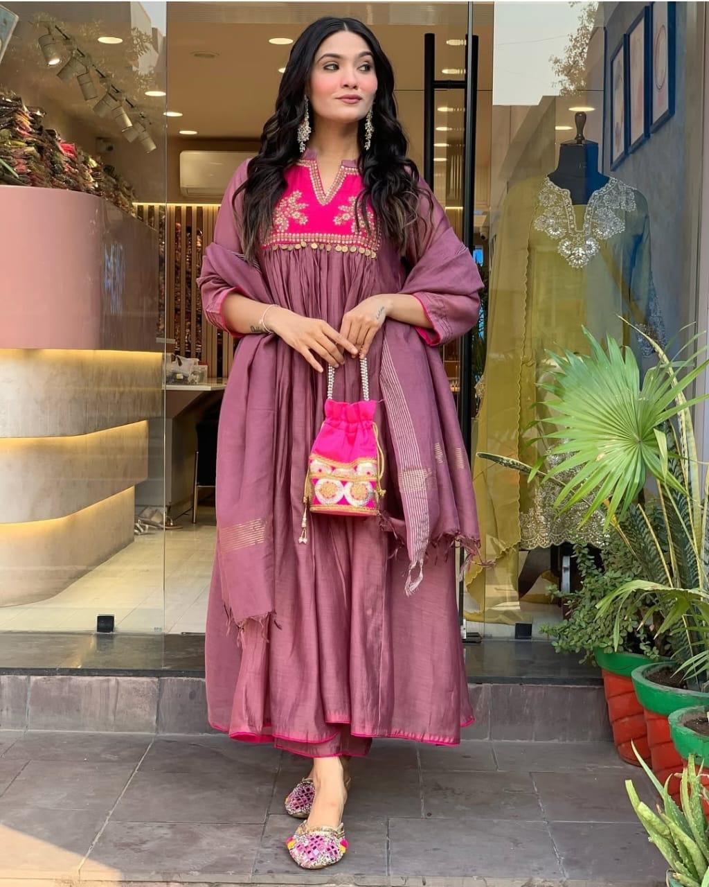 Elegant Chanderi Suit Set with Embroidered Kurti, Cotton Pant & Dupatta