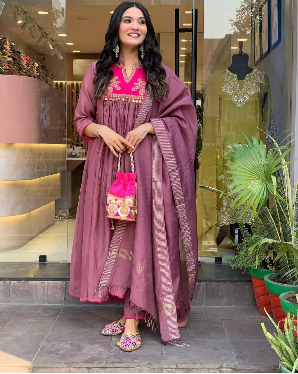 Elegant Chanderi Suit Set with Embroidered Kurti, Cotton Pant & Dupatta