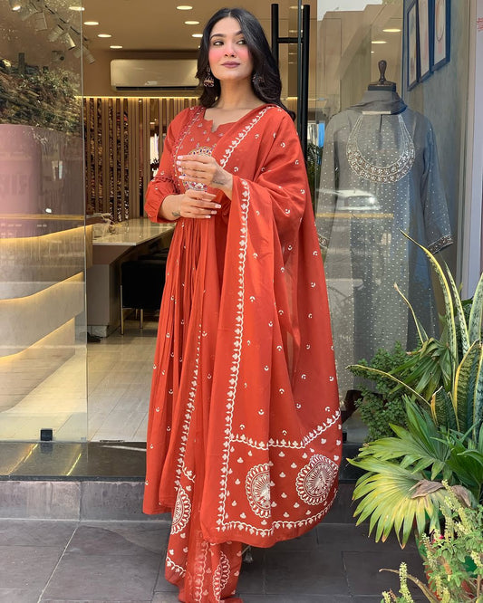 Anarkali Cotton Kurta Set with Malmal Dupatta – Tier Pattern Design