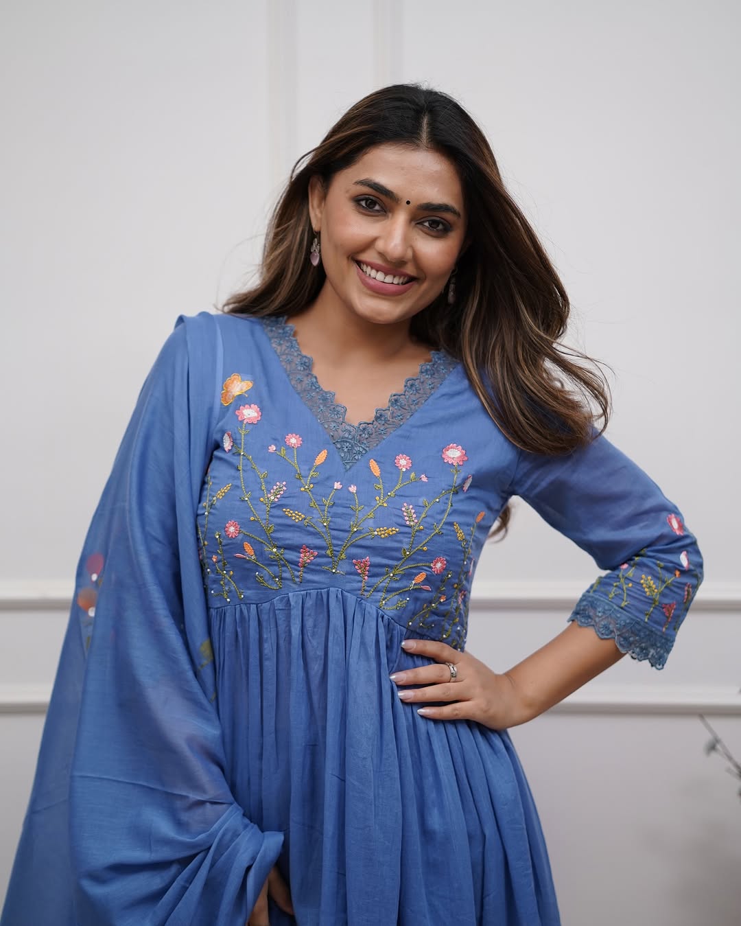 Embroidered Mirror Work Anarkali Kurti Set with Pants Pure Mal Cotton 3-Piece Set