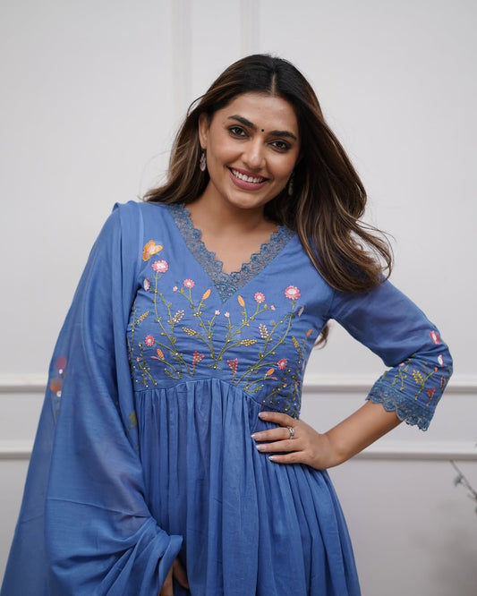 Embroidered Mirror Work Anarkali Kurti Set with Pants Pure Mal Cotton 3-Piece Set