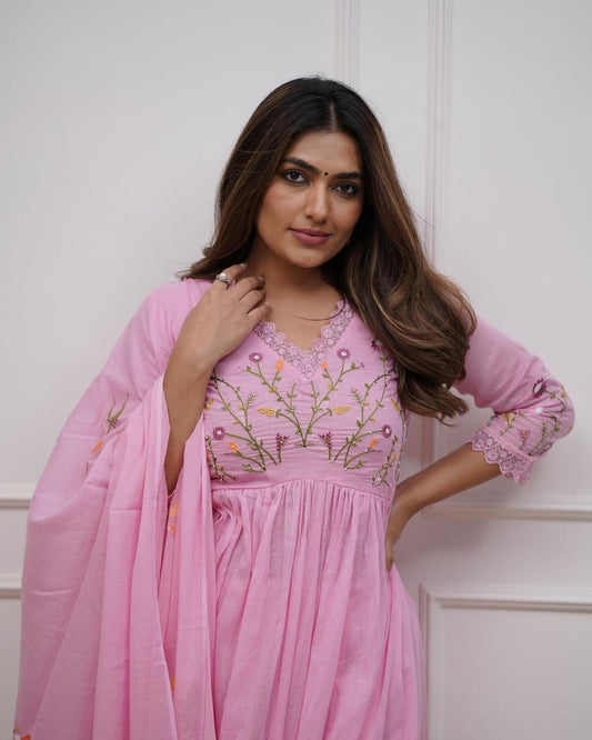 Embroidered Mirror Work Anarkali Kurti Set with Pants Pure Mal Cotton 3-Piece Set